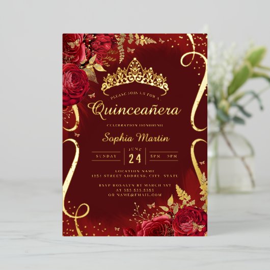 Rood Goud Bloemen Scroll Quinceanera Folie Uitnodiging (Staand Voorkant)