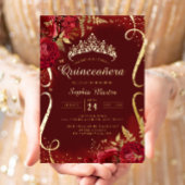 Rood Goud Bloemen Scroll Quinceanera Folie Uitnodiging