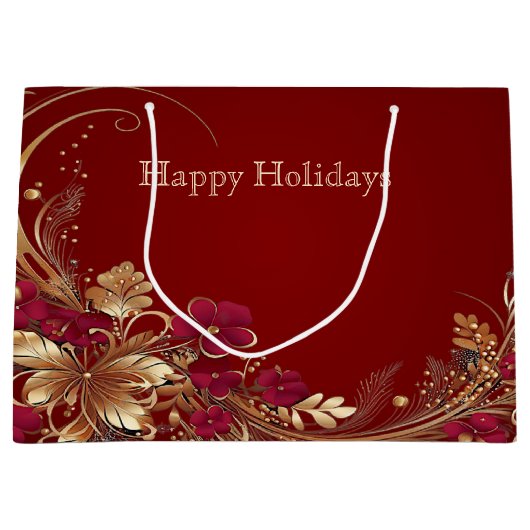 Rood Goud Bloemen Vakantie Gift Bag Groot Cadeauzakje (Voorkant)