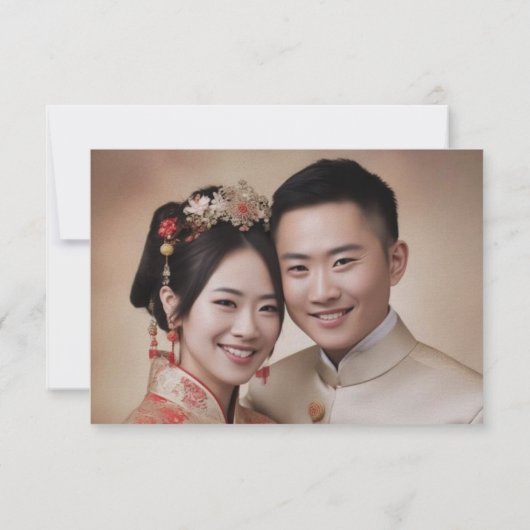 Rood goud bloemenChinees bruiloft foto dubbel xi RSVP Kaartje (Achterkant)