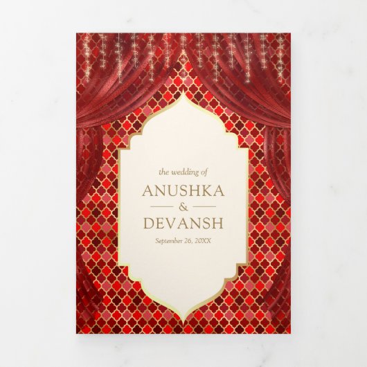 Rood Goud Bloemengordijn Indische Hindoe Bruiloft Drieluik Uitnodiging (Cover)