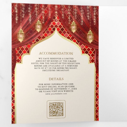 Rood Goud Bloemengordijn Indische Hindoe Bruiloft Drieluik Uitnodiging (Binnenzijde eerst)