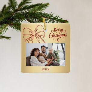 Rood goud boog foto met de hand getrokken kerst keramisch ornament
