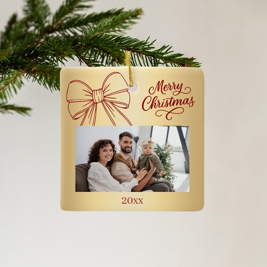 Rood goud boog foto met de hand getrokken kerst keramisch ornament