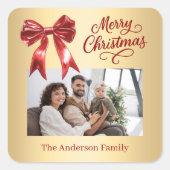 Rood goud boog foto script Kerst Vierkante Sticker (Voorkant)
