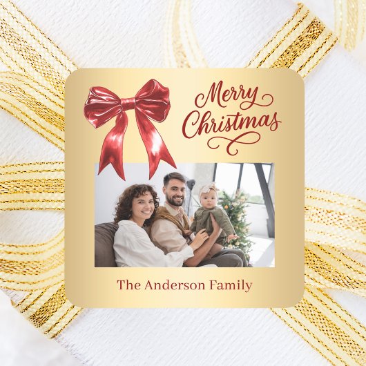 Rood goud boog foto script Kerst Vierkante Sticker