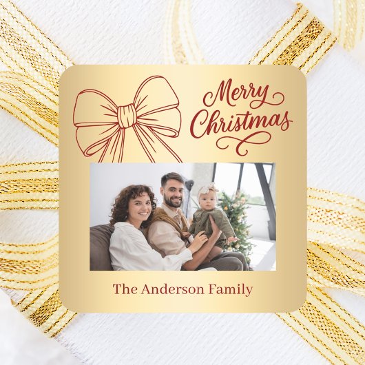 Rood goud boog foto script Kerst Vierkante Sticker