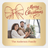 Rood goud boog foto script Kerst Vierkante Sticker (Voorkant)