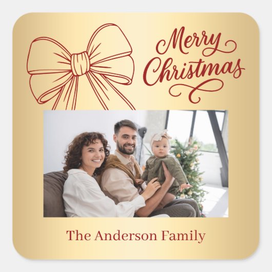 Rood goud boog foto script Kerst Vierkante Sticker (Voorkant)