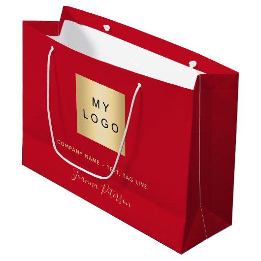 Rood goud business logo papier boodschappentas groot cadeauzakje (Voorkant Gekanteld)