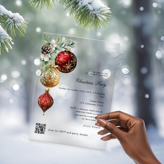 Rood goud business QR code frosted Christmas Party Acryl Uitnodigingen