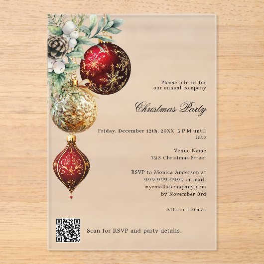 Rood goud business QR code frosted Christmas Party Acryl Uitnodigingen (Voorkant)