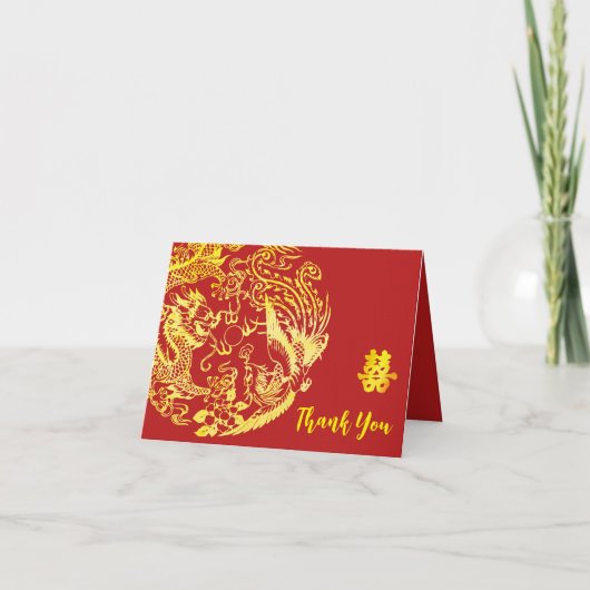 Rood goud Chinees Dragon en Phoenix logo bruiloft Bedankkaart (Voorkant)