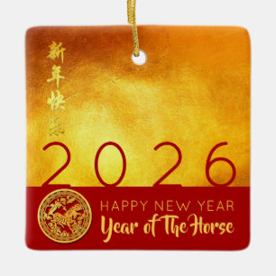 Rood Goud Chinees Paard papier-cut 2026 SqCO Keramisch Ornament