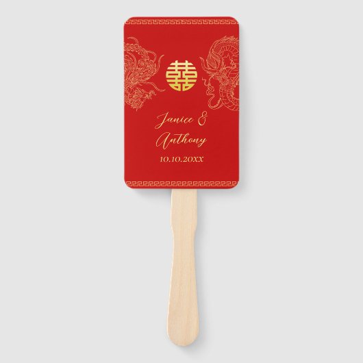 Rood goud Chinese bruiloft draak en feniks Handwaaier (Voorkant)