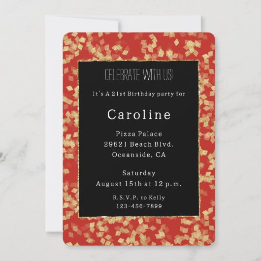 Rood Goud Confetti Abstracte Verjaardag Kaart (Voorkant)