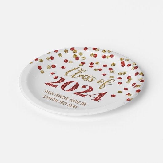 Rood Goud Confetti Afstuderen 2024 Papieren Bordje (Gekanteld)