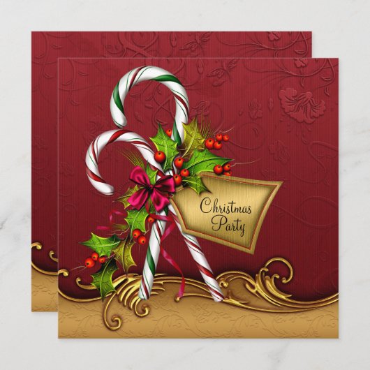 Rood Goud Damask Candy Canes Kerstfeest Kaart (Voorkant / Achterkant)