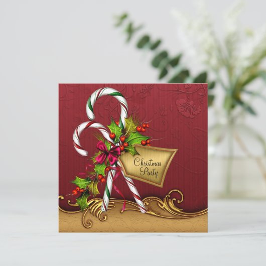 Rood Goud Damask Candy Canes Kerstfeest Kaart (Staand voorkant)