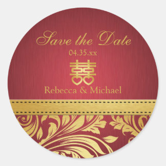 Rood & Goud Damask, Chinees Dubbel Geluk Ronde Sticker
