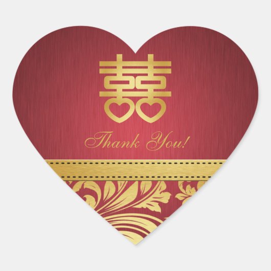 Rood & Goud Damask, Chinees dubbel gelukshart Hart Sticker (Voorkant)