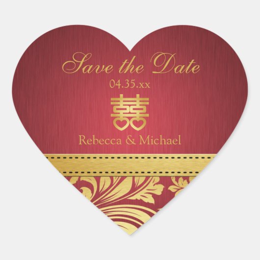 Rood & Goud Damask, Chinees dubbel gelukshart Hart Sticker (Voorkant)