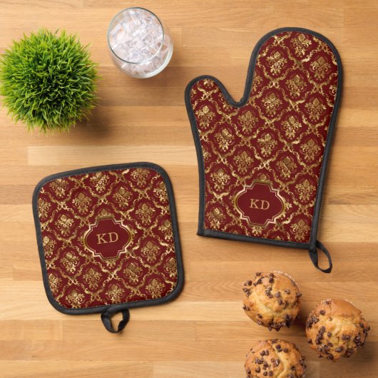 Rood Goud  Damast Patroon Monogram Ovenwant & Pannenlap Set (Top down)
