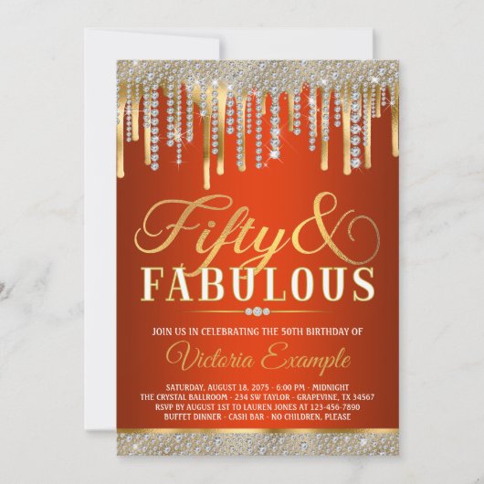 Rood Goud Diamanten Drip Fabulous 50 Verjaardagsfe Kaart (Voorkant)