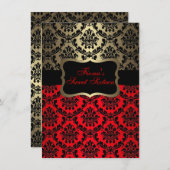 Rood & Goud Elegant Damaskus Verjaardag Uitnodigen Kaart (Voorkant / Achterkant)
