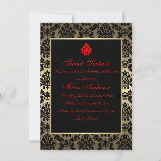 Rood & Goud Elegant Damaskus Verjaardag Uitnodigen Kaart (Achterkant)