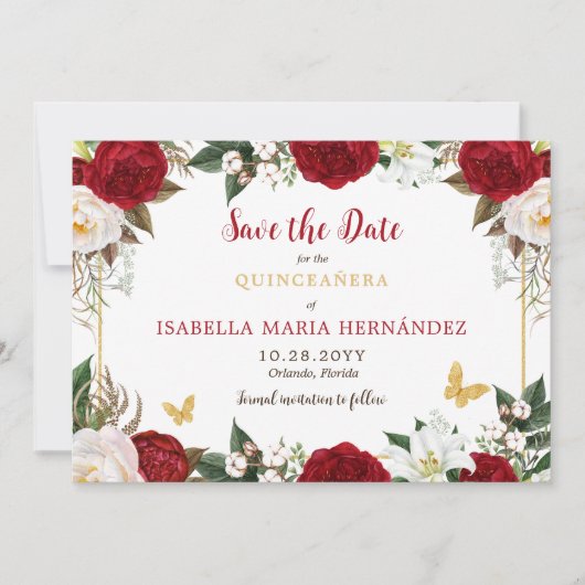 Rood & Goud Elegant Quinceañera Save The Date (Voorkant)