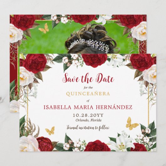 Rood & Goud Elegant Quinceañera Save The Date (Voorkant / Achterkant)