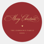 Rood & Goud Elegant Script Vrolijk Kerstmis Custom Ronde Sticker (Voorkant)