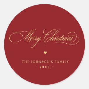 Rood & Goud Elegant Script Vrolijk Kerstmis Custom Ronde Sticker