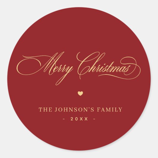 Rood & Goud Elegant Script Vrolijk Kerstmis Custom Ronde Sticker (Voorkant)