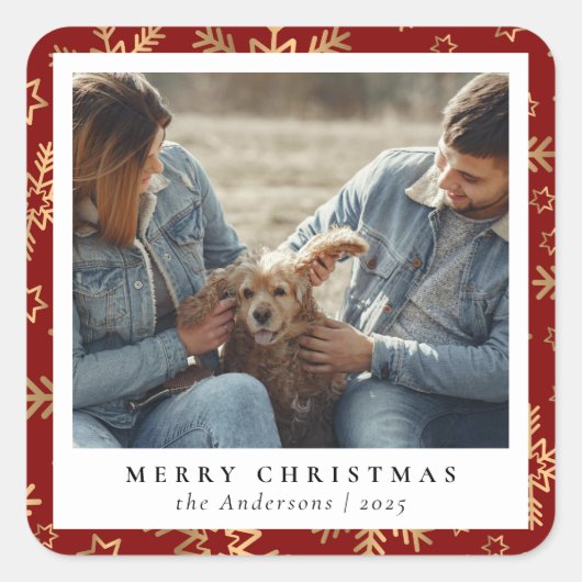 Rood Goud Elegant Vrolijk Kerstfeest Custom Photo Vierkante Sticker (Voorkant)