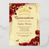 Rood Goud Elegante Bloemvlinder Quinceanera Folie Uitnodiging (Voorkant)