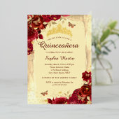 Rood Goud Elegante Bloemvlinder Quinceanera Folie Uitnodiging (Staand Voorkant)