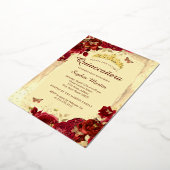 Rood Goud Elegante Bloemvlinder Quinceanera Folie Uitnodiging (Gedraaid)