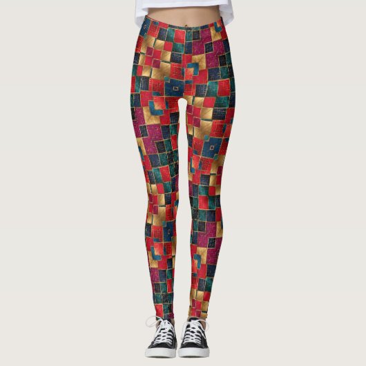 Rood goud en blauwe vierkanten leggings (Voorkant)