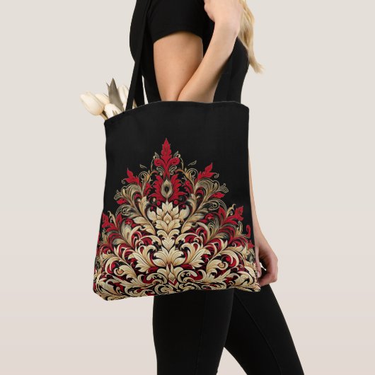 Rood goud en zwart damast tote bag (Dichtbij)