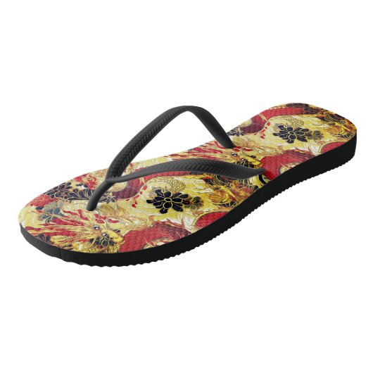 Rood, Goud en Zwart Japans Drakenpatroon Teenslippers (Schuin)