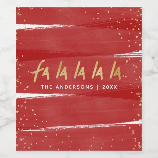 Rood & Goud Fa La La Snowy Kerstmis Wijn Etiket (Enkel label)