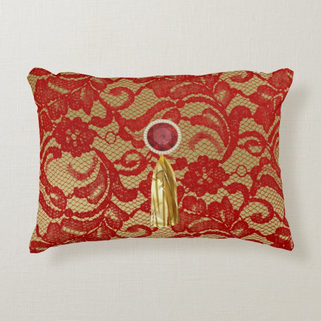 Rood & Goud Faux Bloemen Kant Juweel & Goud kwastj Decoratief Kussen (Voorkant)