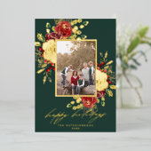 Rood & Goud Feestelijke Bloemen 3 Foto Modern Folie Feestdagenkaart (Staand Voorkant)