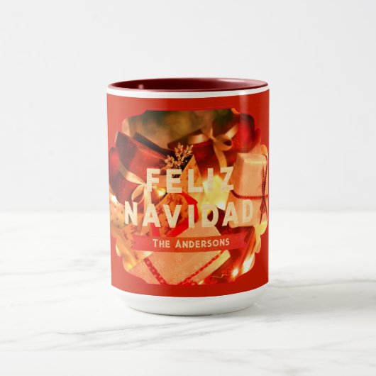 Rood Goud Feliz Navidad Script Modern Kerstmis Mok (Midden)