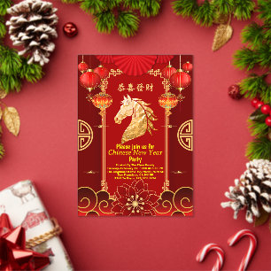 Rood & Goud Fest Chinees Jaar van het Paard Acryl Uitnodigingen