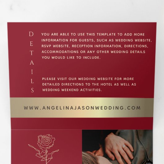 Rood & Goud Foto Drievoudig Huwelijksuitnodiging Drieluik Uitnodiging (Binnenzijde eerst)