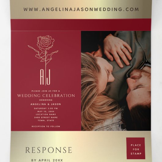 Rood & Goud Foto Drievoudig Huwelijksuitnodiging Drieluik Uitnodiging (Binnenkant midden)