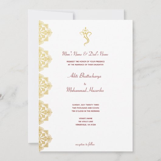 Rood & Goud Ganesha en Mehndi Indiase bruiloft Kaart (Voorkant)